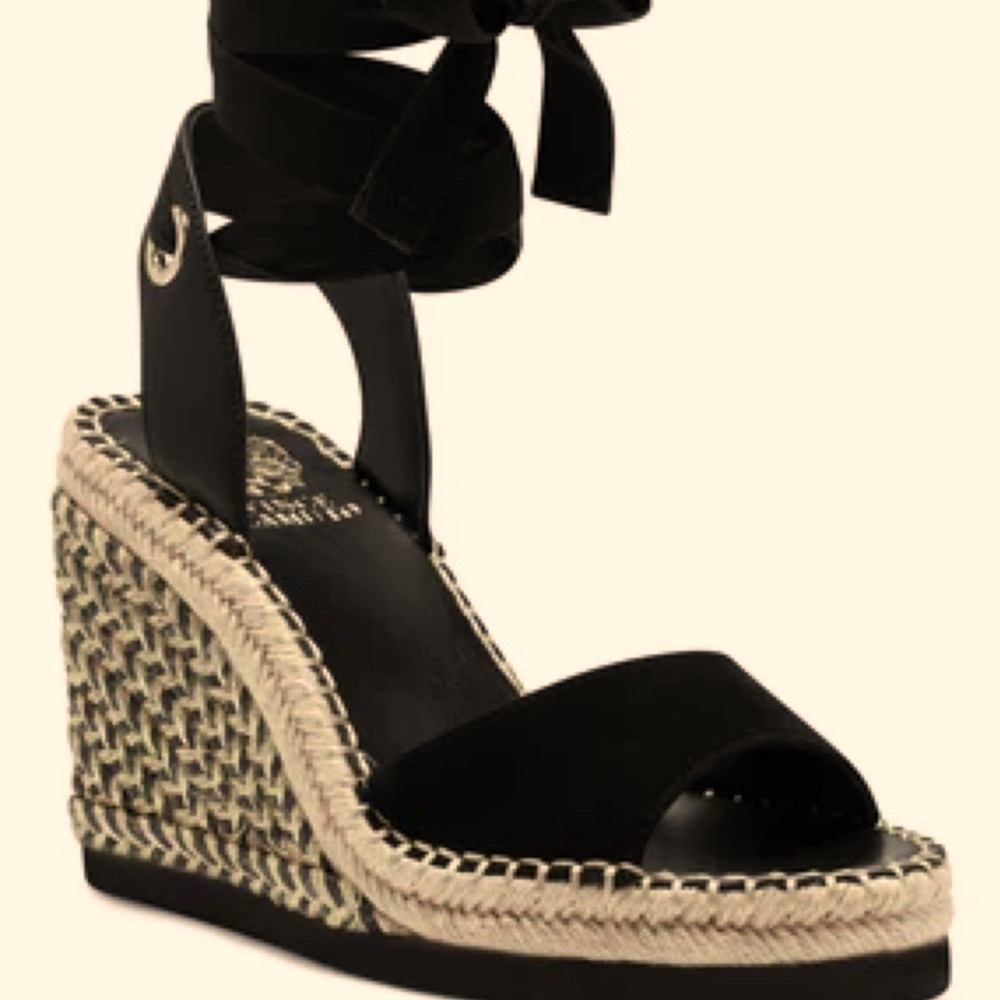 🌟 VINCE CAMUTO Benson Wedge Sandal, Sz.10, Black Jute & Gold Espadrille Wedges 💕